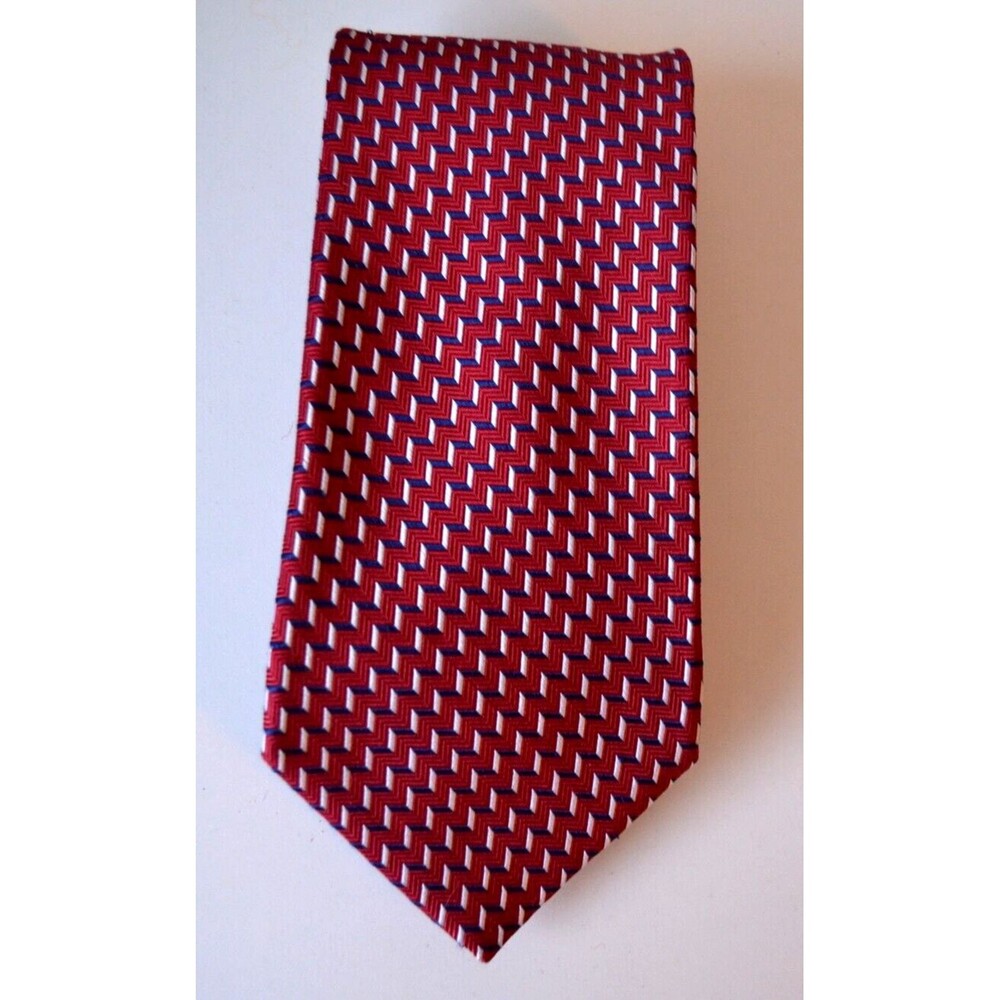 SAVILE ROW Red Burgundy Blue White 100% Silk Neck Tie Stair Step Zig Zag Design